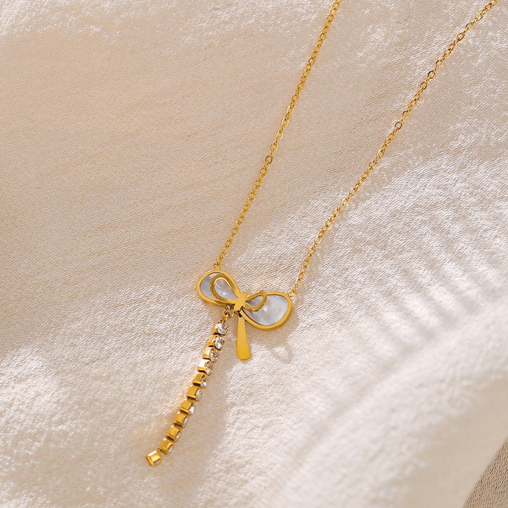 Necklace Female Titanium Steel Mother Shell Bow Tassel
