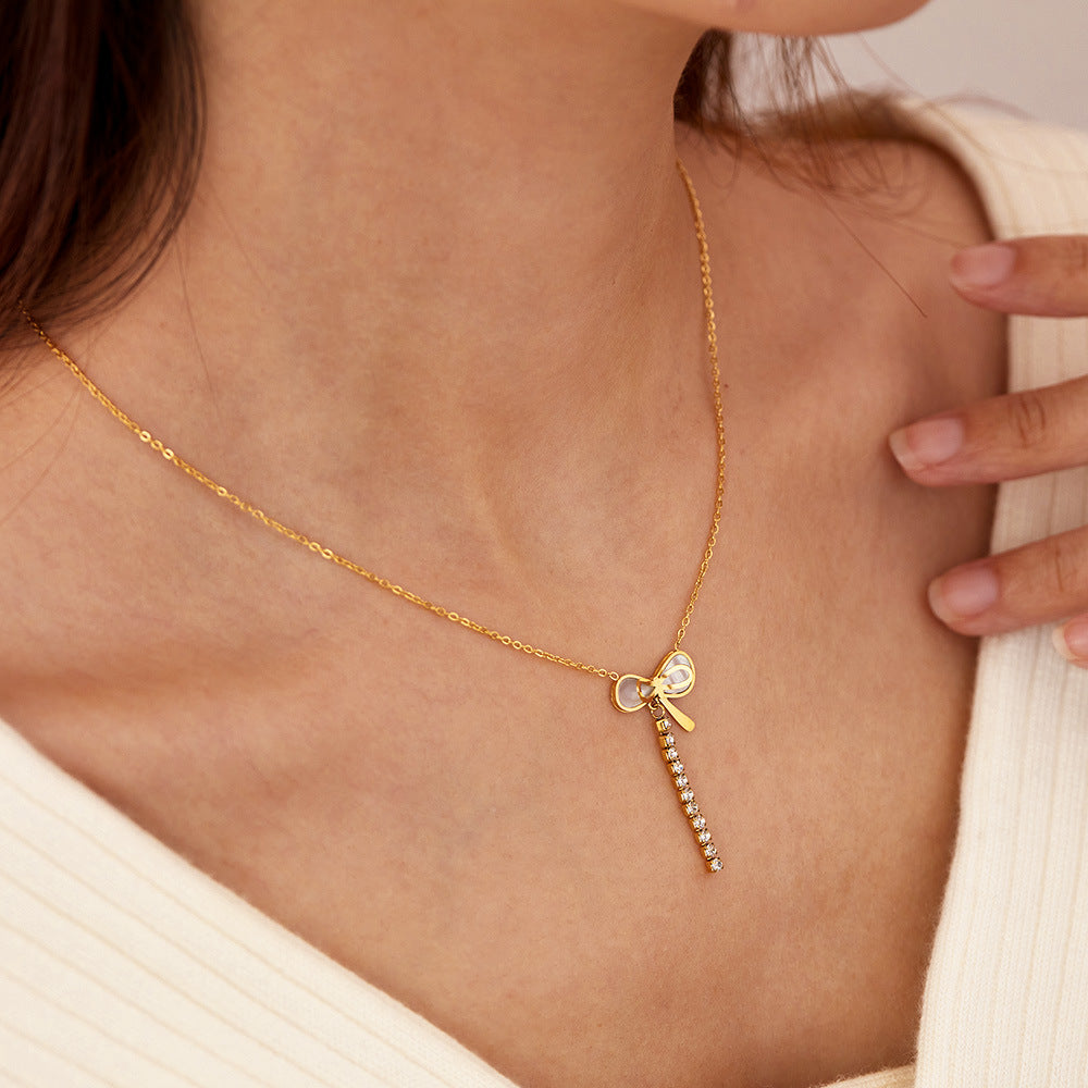 Necklace Female Titanium Steel Mother Shell Bow Tassel