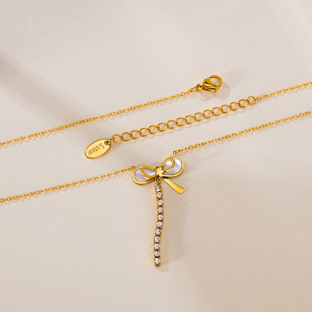 Necklace Female Titanium Steel Mother Shell Bow Tassel